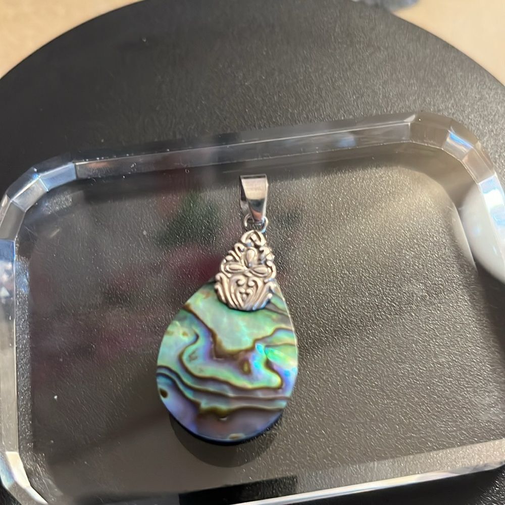 Abalone, teardrop pendant, and sterling silver with sterling silver accents